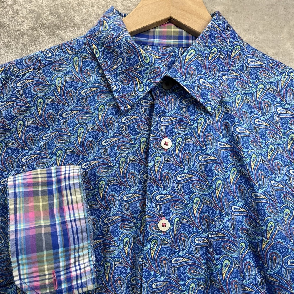 Alan Flusser Paisley Shirt Mens M Blue Flip‎ Cuff 100% Cotton Button-Down